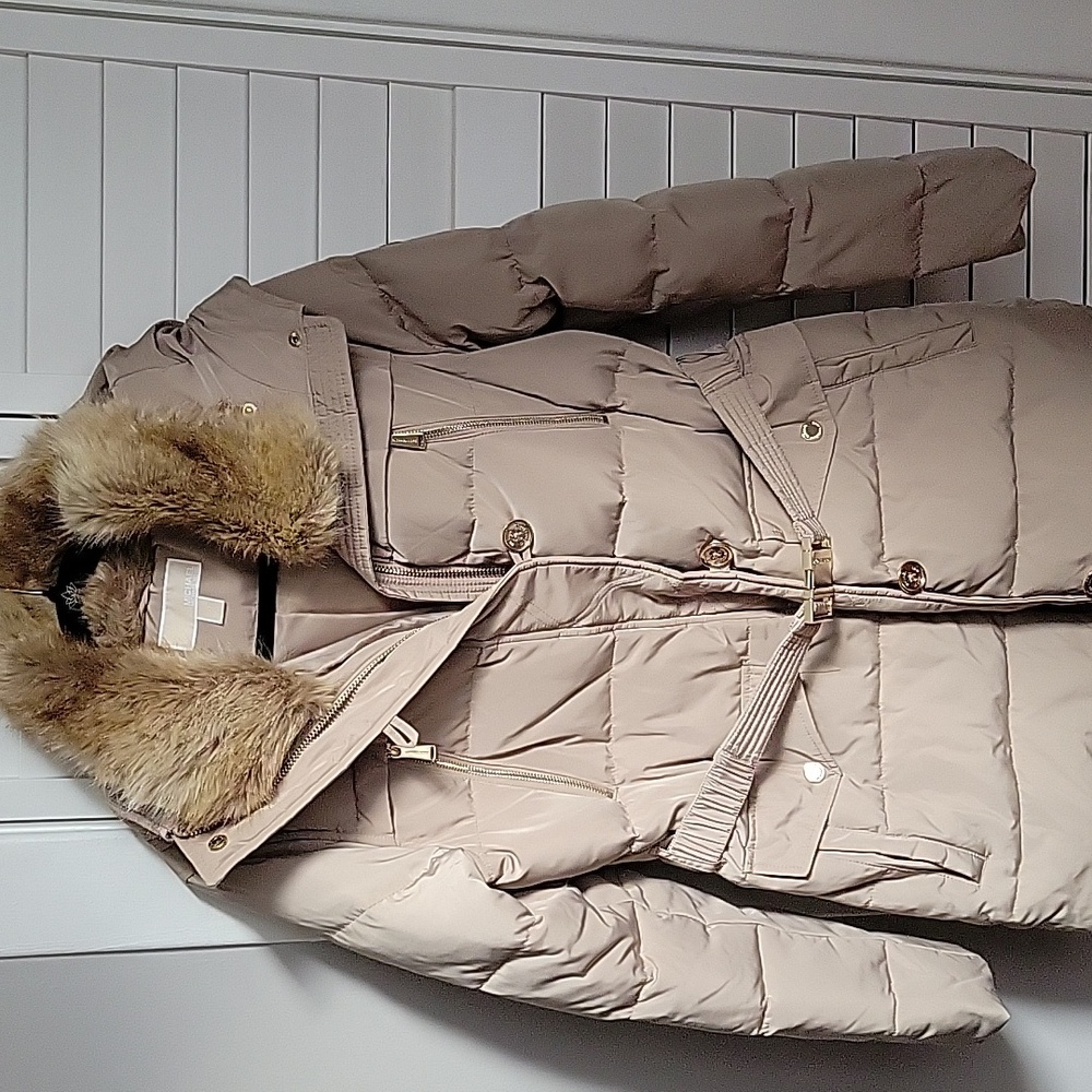 Michael Kors Tan Puffer Coat with Faux Fur Trim